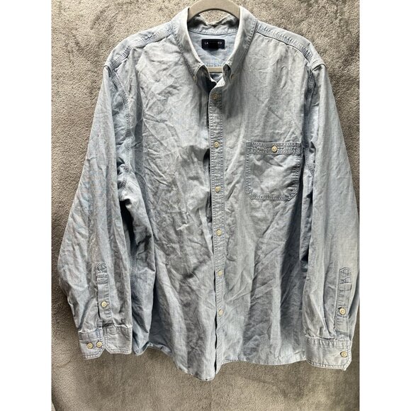 Vtg 90s Lands End Mens 2XL XXL Chambray Cotton Collared Button Down Shirt Blue - Picture 1 of 6